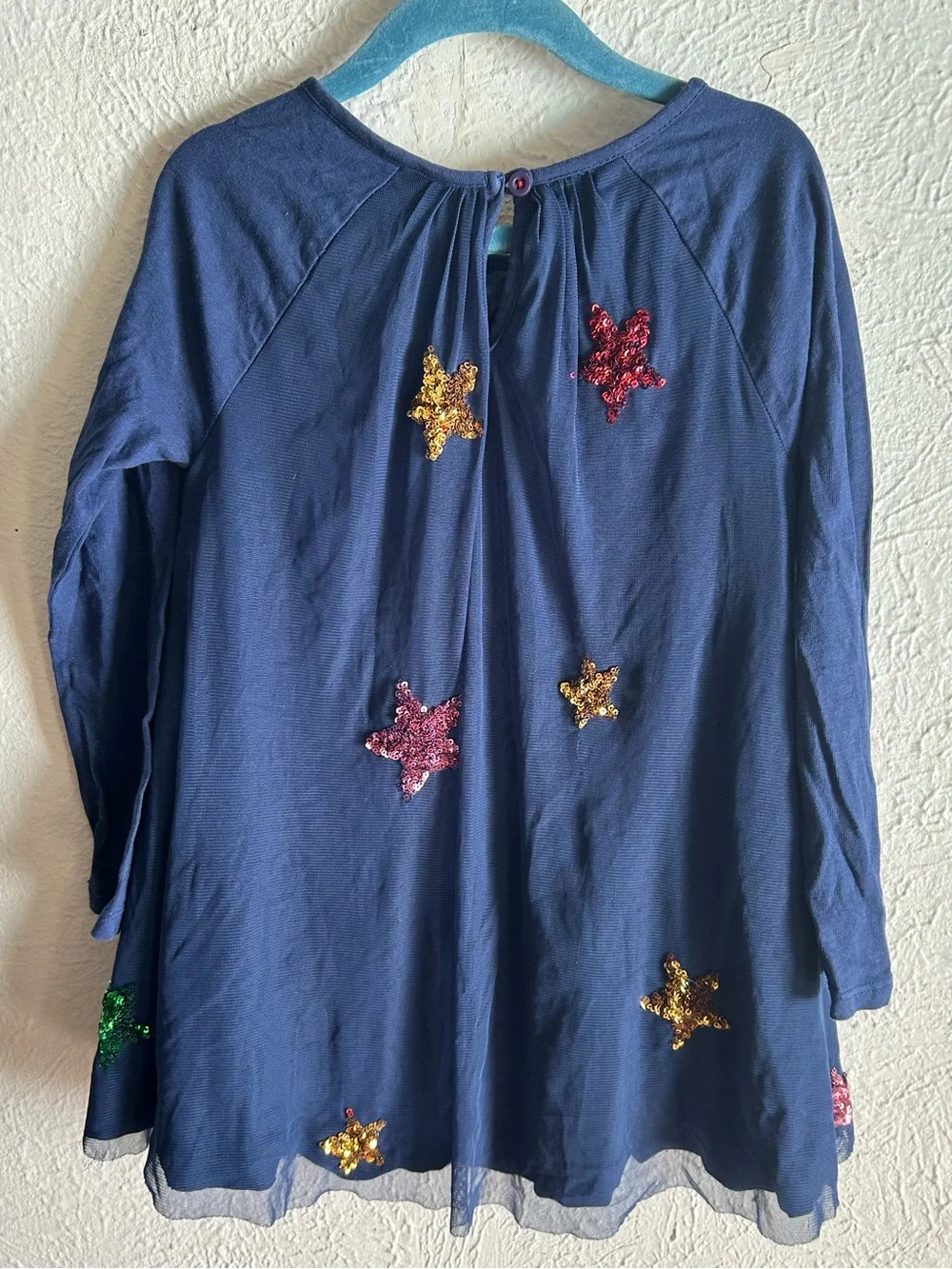 Mini Boden Sequin Star & Moon Mesh Dress Girls Size 3-4Y Celestial Sparkle Blue